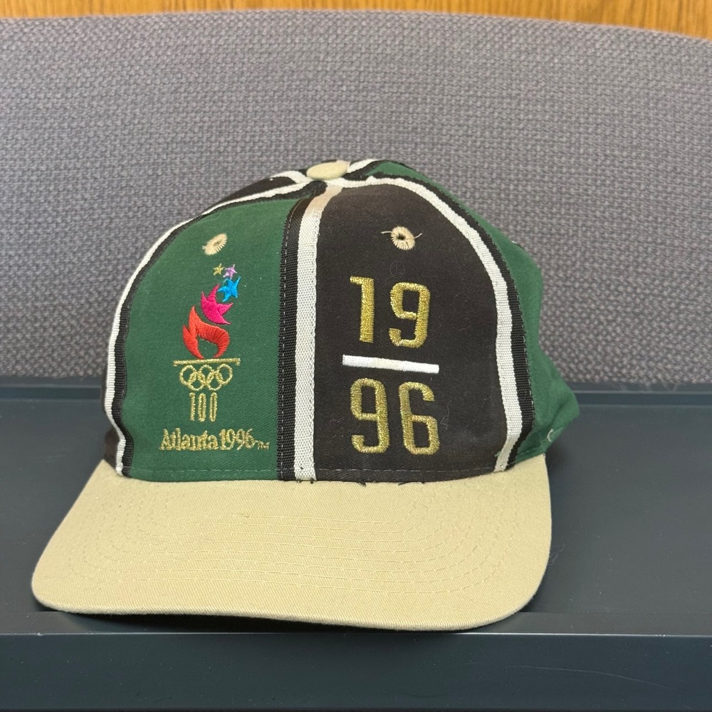 Vintage 1996 Atlanta Olympic Games Snapback Hat Logo Athletic Green Black Tan
